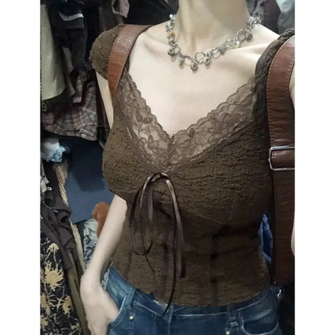 American Retro Brown Textured Lace T-shirt for Women Summer V-neck Bow Tees Y2k E-Girl Slim Fit Short Sleeve Tops Female