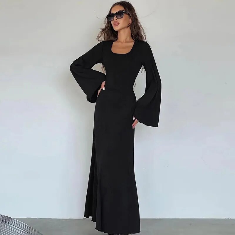 Solid Ribbed Trumpet Sleeves Maxi Dress Back Lace-Up Straps Elegant Casual 2023 Autumn Winter For Women Birthday