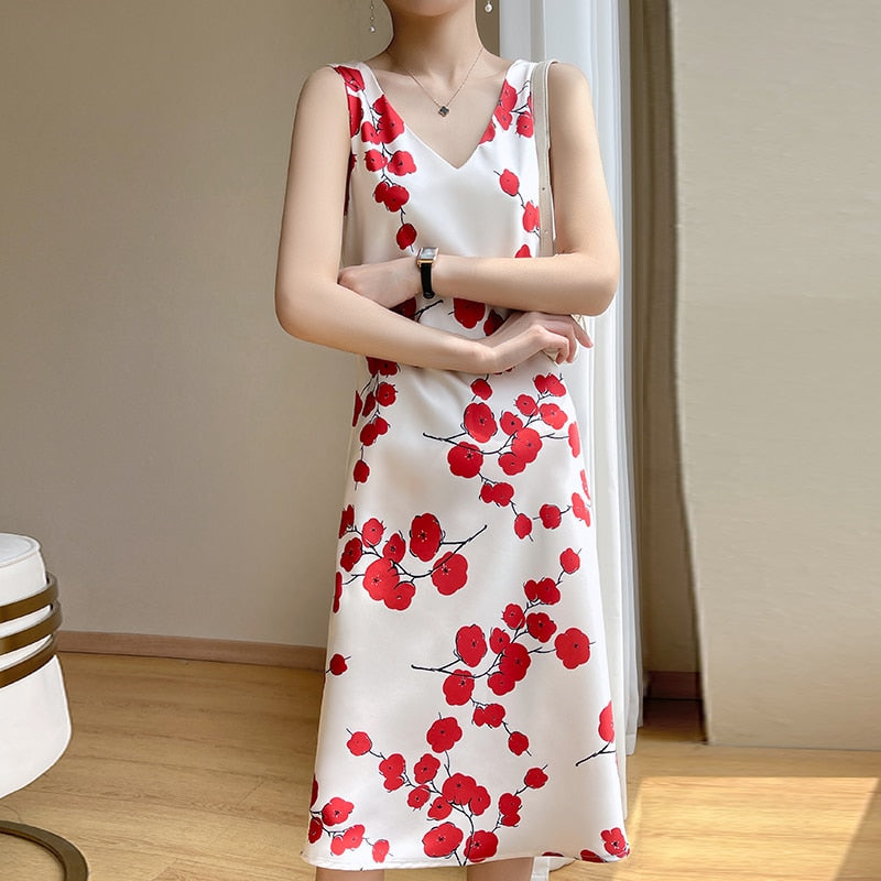 Explosive French Acetate Sling Dress Women's Summer New Waist Long Skirt High-End Printed Skirt Suit Matching