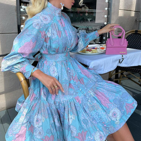 Spring Autumn Woman Printed Long Sleeve Boho Midi Dress Elegant High Waist Stand Collar Buttons Slim Dresses Lady Party Vestidos