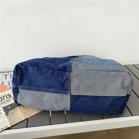 Oversized Patchwork Tote Bags For Women Latest Trend Shoulder Crossbody Bag Braided Strap Denim Fabric Big Capacity Shopper