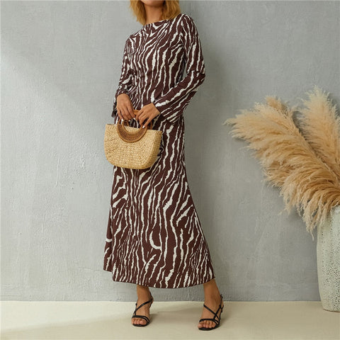 Women Leisure Style Zebra Print Long Dress Retro Casual Long Sleeve Flared Cuff Round Collar Slim Fit Summer Dresses Vintage