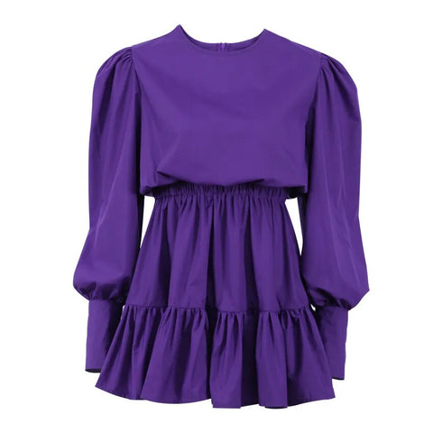 Sleeve High Waist A-Line Pleated Women'S Dress Casual O Neck Pink Mini Dresses Autumn Sexy Long Sleeve Robe