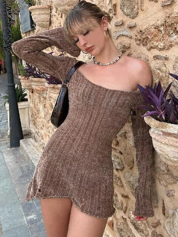 Sweater Dress Long Sleeve Dress Aesthetics Ribbed Brown Y2K Dress Fall Outfits Women Solid Bodycon Streetwear Knitted Dress