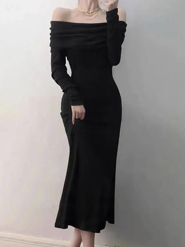 Black Dress Women 2023 Autumn Elegant Long Sleeve Ribbed Backless Sexy Bodycon Long Dresses Evening Party