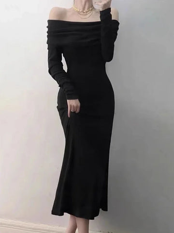 Black Dress Women 2023 Autumn Elegant Long Sleeve Ribbed Backless Sexy Bodycon Long Dresses Evening Party