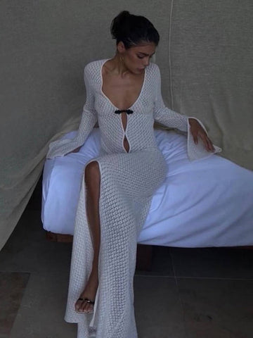 Summer Beach Holiday Knitted Maxi Dress Outfits for Women Party Club Long Sleeve See Through Dresses Hollow Out