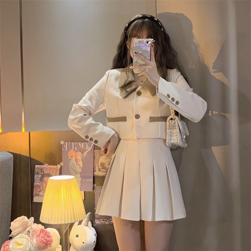 Spring Korean Two Piece Set Women Long Sleeve Short Jacket Crop Coat + Pleated Mini Skirt Suits Vintage 2 Piece Outfits