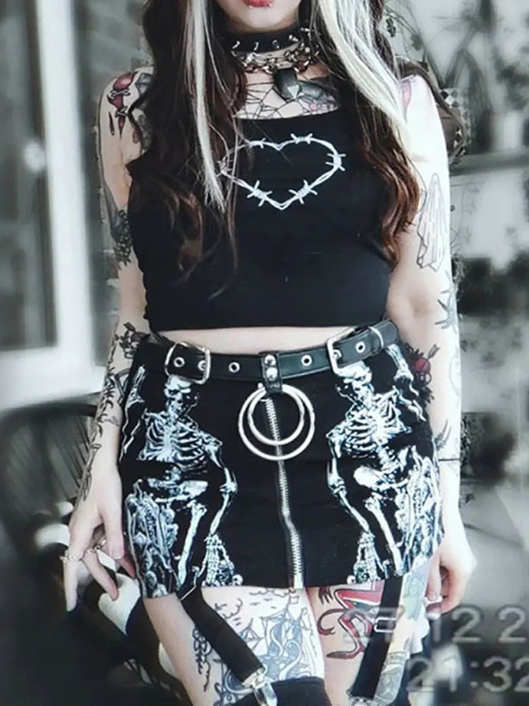 Goth Dark Skull Graphic Mall Gothic Aesthetic Mini Skirts Grunge Punk Low Raise Emo Sexy Skinny Skirt Zip Up Fashion Alt Clothes