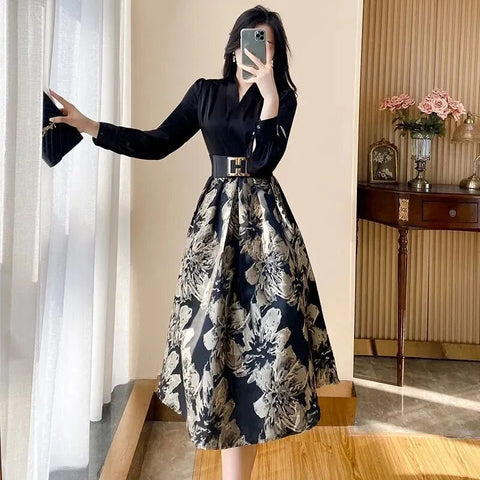 Women's Printed Dress Autumn New Luxury Celebrity Temperament French Fake Two Piece Long Sleeve Dress Female