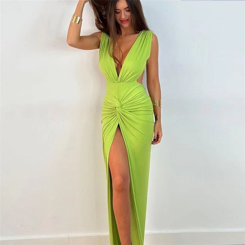 Elegant Deep V-neck Maxi Dress Women Hipster Sexy Backless Side Split Sleeveless Female Party Evening Dresses Robe