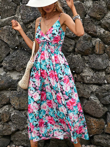 Sexy Floral Long Dress Women Summer Casual Backless White Holiday Beach Dress Fashion A-line Sleeveless New In Dresses