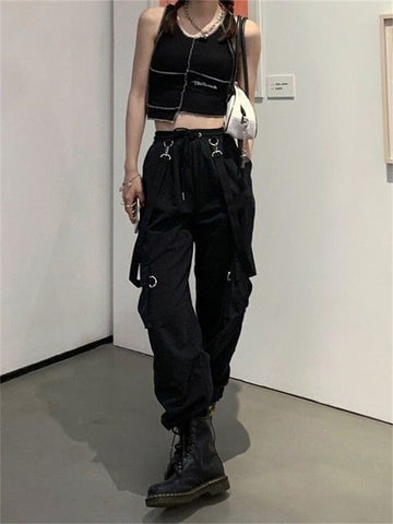 Gothic Cargo Pants Women Harajuku Black High Waisted Hippie Streetwear Kpop Oversize Mall Goth Wide Trousers For Female