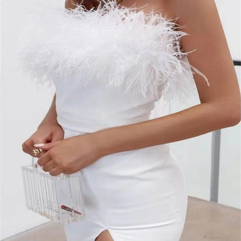 Feather Fur Hem Patchwork Mini Dress Elegant Party Strapless Off Shoulder Dress Summer Women Sleeveless Vestidos