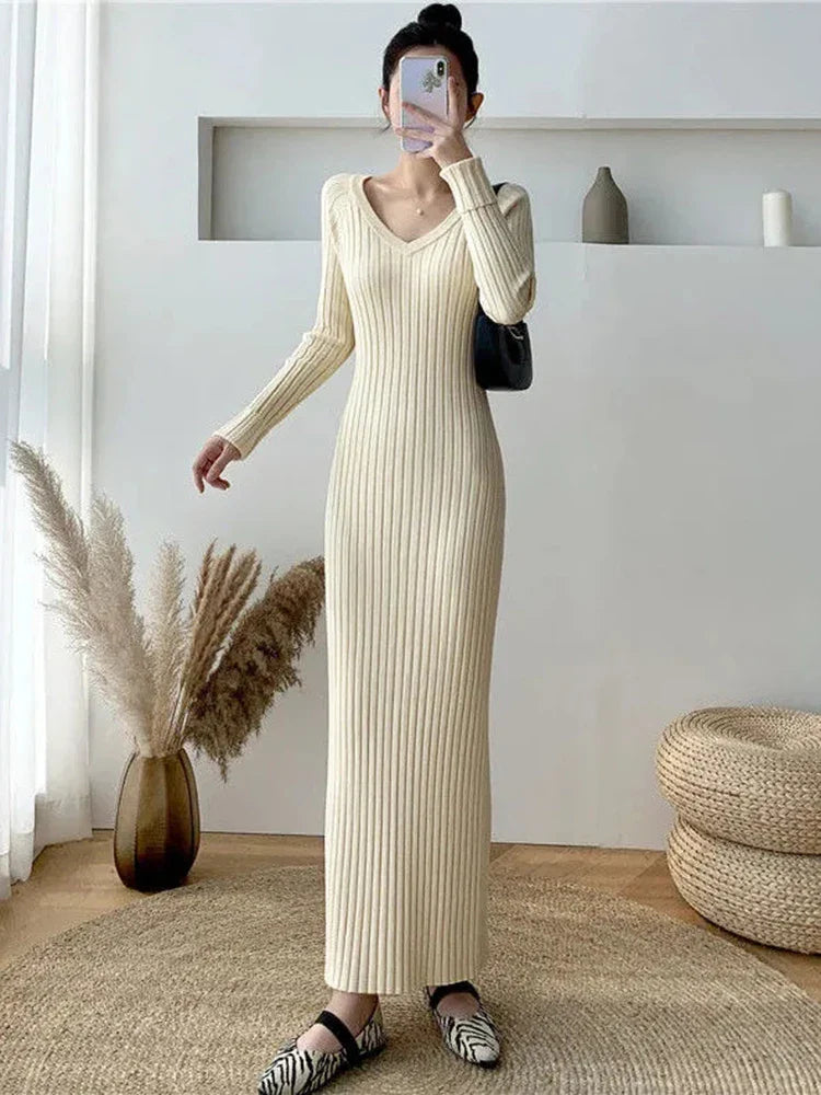 Elegant Solid Women Knitted Dress Simple Korean Slim Long Sleeve Ankle Length Dress Casual V Neck Office Ladies Chic Dress