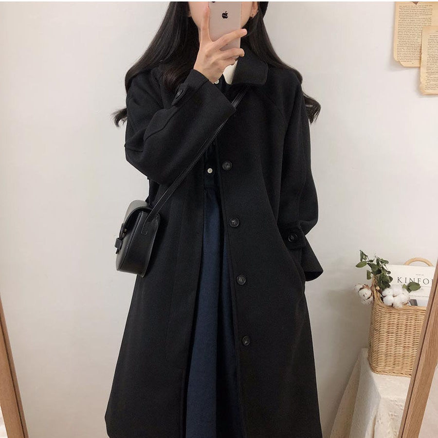 Woolen Coat Women's Mid-length Winter New Korean Fashion Black Long Coat Thickened Women's Winter Coat Woolen Coat Parkas