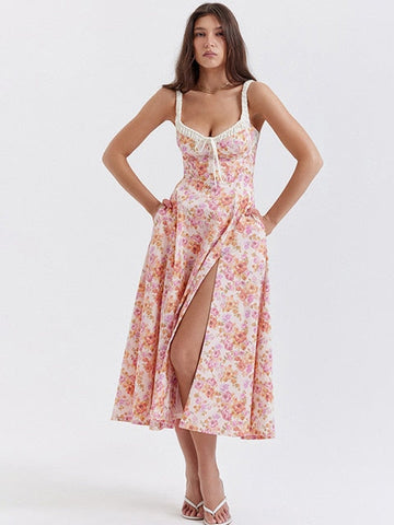Shoulder Flower Print Sexy Dress For Women High Split Elegant Long Dresses Backless Bodycon Summer Dress Vestidos