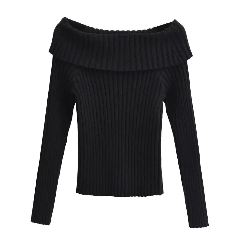 Autumn Winter Solid Color Rib Knitted Off the Shoulder Pullover Sweater Sexy Women Full Sleeve Slim Stretch Knitwear Jumper