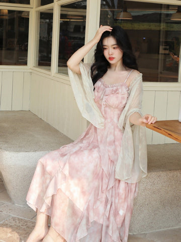 Casual Fairy Floral Strap Dress Women Chiffon Elegant Evening Party Midi Dress Ruffle Sweet Korean Dress Women Sweet Summer