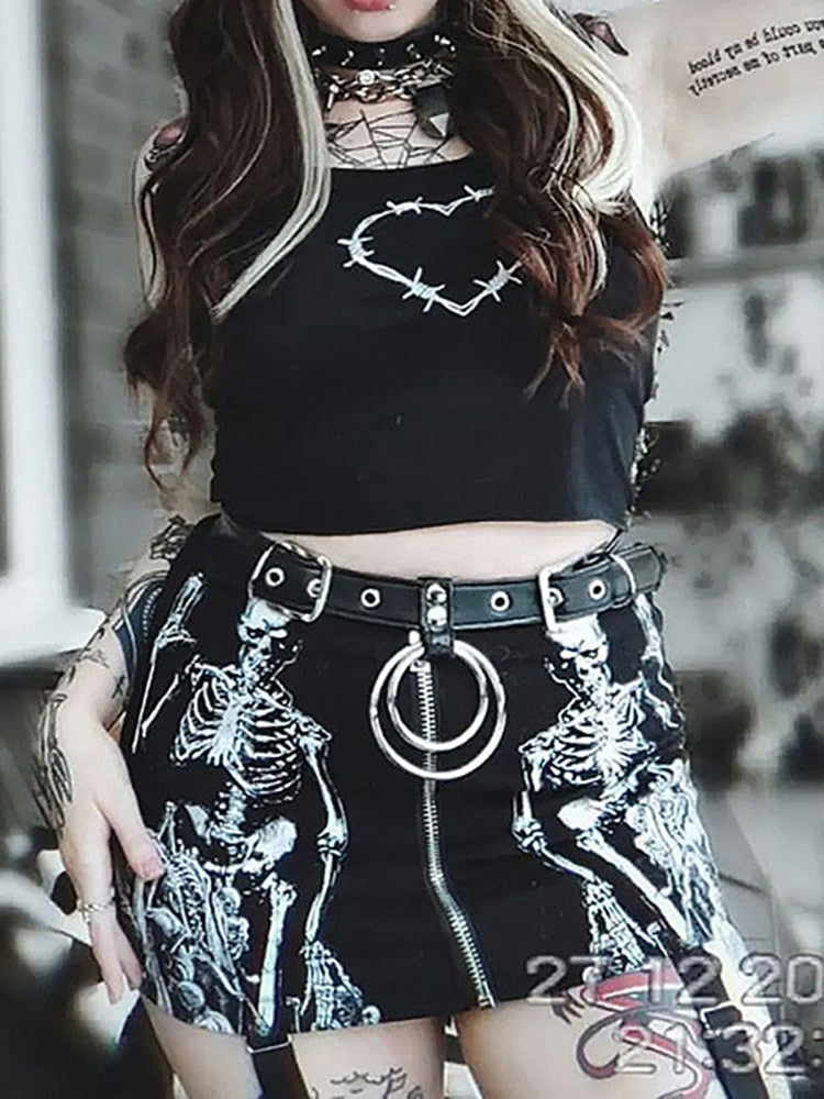 Goth Dark Skull Graphic Mall Gothic Aesthetic Mini Skirts Grunge Punk Low Raise Emo Sexy Skinny Skirt Zip Up Fashion Alt Clothes