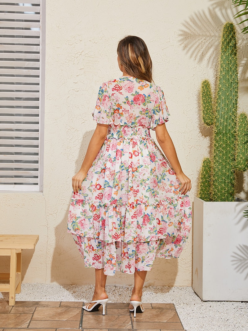 Boho Chiffon Pleated Long Women Dress Sexy Vintage Elegant V Neck Short Sleeve Dress Pink Floral Beach Summer Dress Women