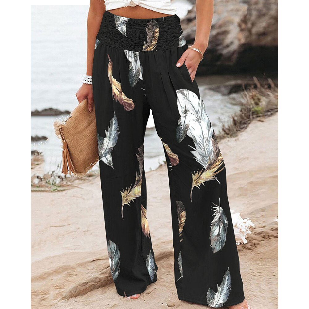 Ninimour Women Spring Summer Casual Loose Long Trousers Feather Print Pocket Design High Waist Wide Leg Pants Holiday Pants