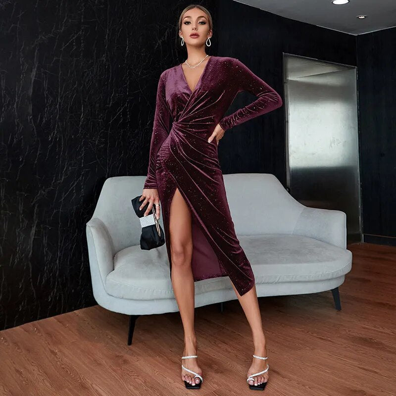 Long Sleeve Elegant Black Evening Dress Women Autumn Velvet  Sequin Club Midi Velvet Elegant Wrap Party Dresses with Slit