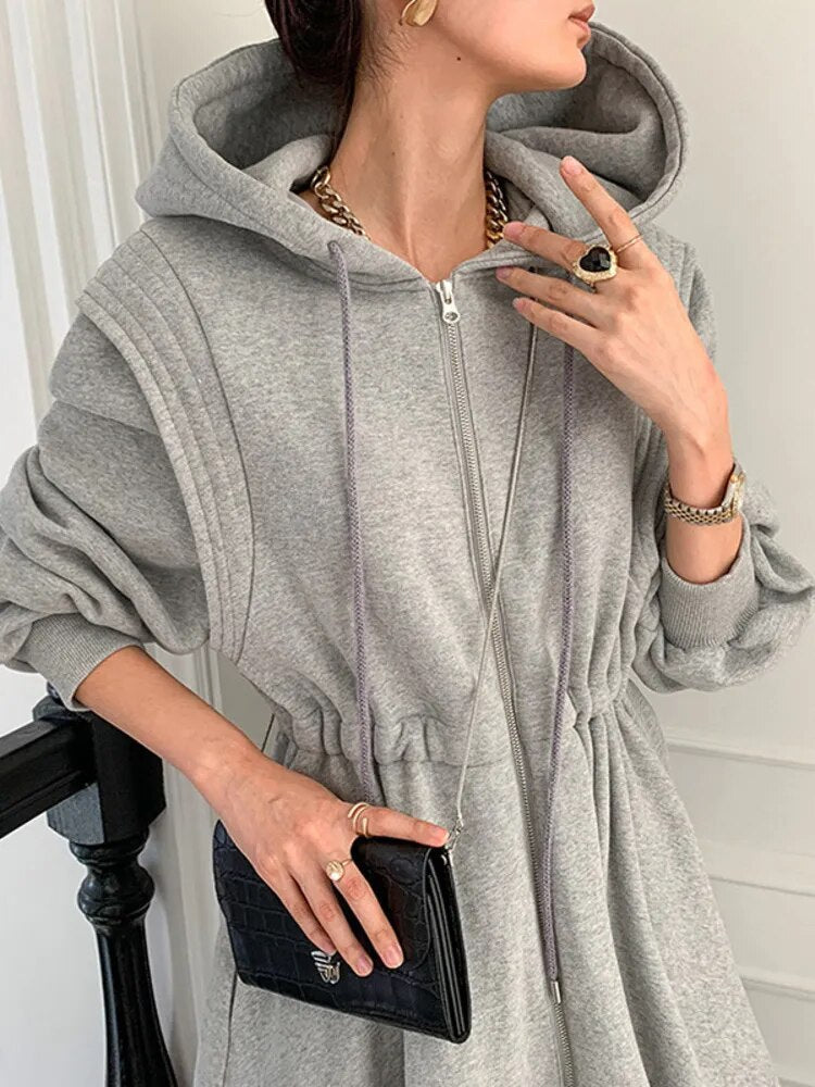 Fashion Chic Hooded Dress Women's Spring New Loose Zipper Long Sleeve Big Swing Mid-calf Dresses Female