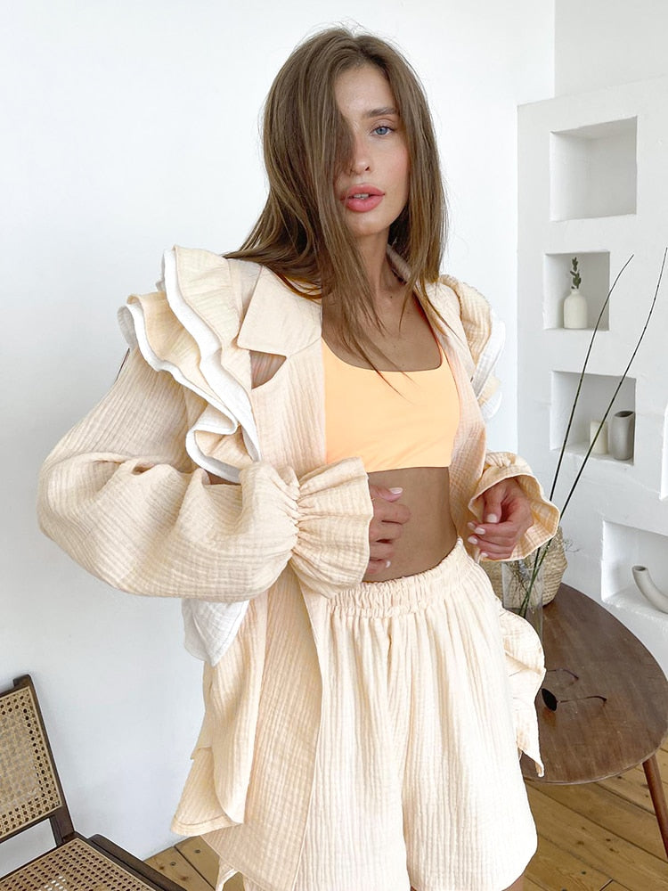 Butterfly Sleeve Shorts Suits With Ruffled Shirts Female Elegant Ruffles 2 Piece Sets Womens Outfits Chic Frill Sets