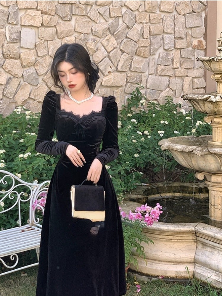 Gothic Vintage Balck Long Sleeve Dress Woman Elegant Fashion Velvet Midi Dress Korean Style Even Party Dress Casual Spring