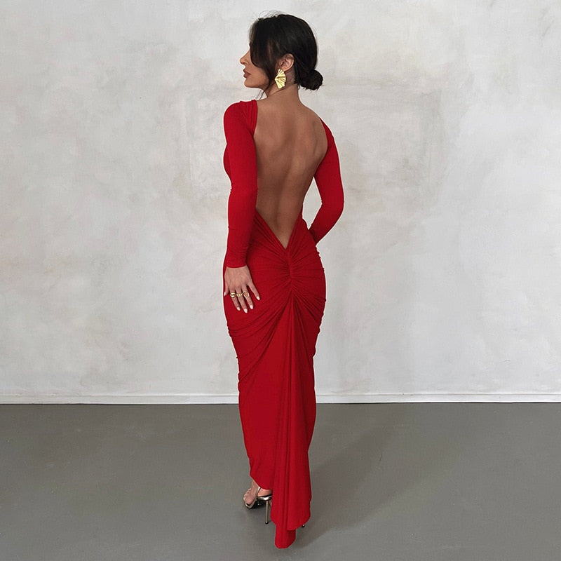 Backless Maxi Dress Elegant Red Long Sleeve Sexy Ruched Bodyocn Evening Party Dress for Women Spring Slim Christmas Outfits