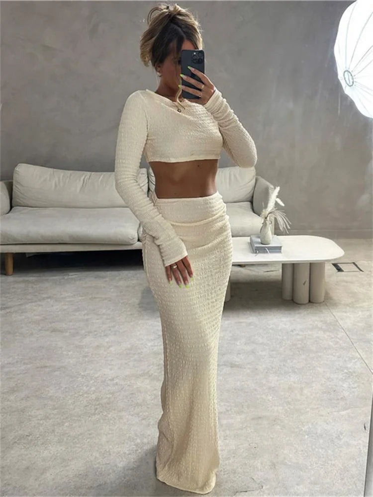 Patchwork Slim Female 2 Piece-Set Fashion Long Sleeve Crop top And Maxi Skirt Sets High Street Pullover For Women Outfits