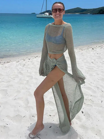 Sexy Knit Cut Out Bell Sleeve Short Top Lace-up Beach Slit Leg Skirt Suit Summer Women Bikini Cover-ups Beachwear Set BeachCover