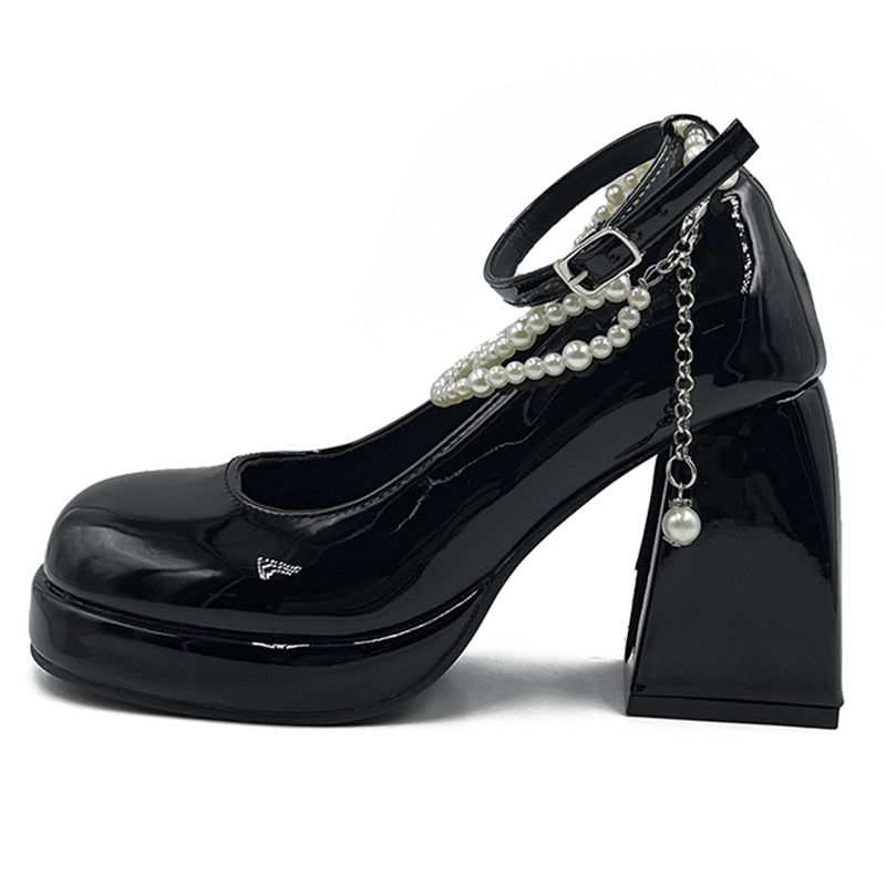 Vintage High Heels Mary Jane Shoes for Women  Patent Leather Platform Pumps Woman Pearls Chain Thick-Heeled Shoes Female