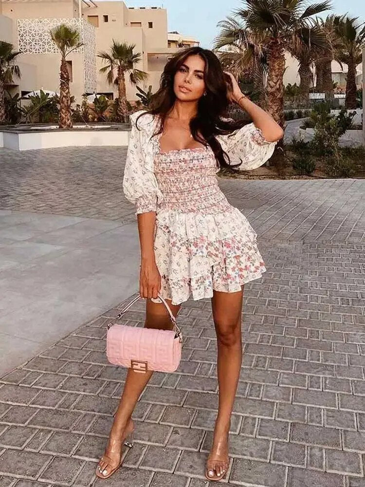 mixed floral prints ruffled party dress puff sleeve square neck smocked sexy laides dress mini chic summer dress