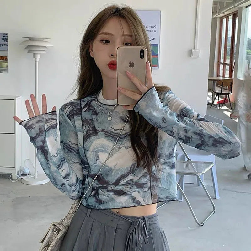 Long Sleeve T-shirts Women Tie-dye Printed Summer Sun-proof Cropped Tops Fashion High Street Gauze Korean Style Chic Teens Retro