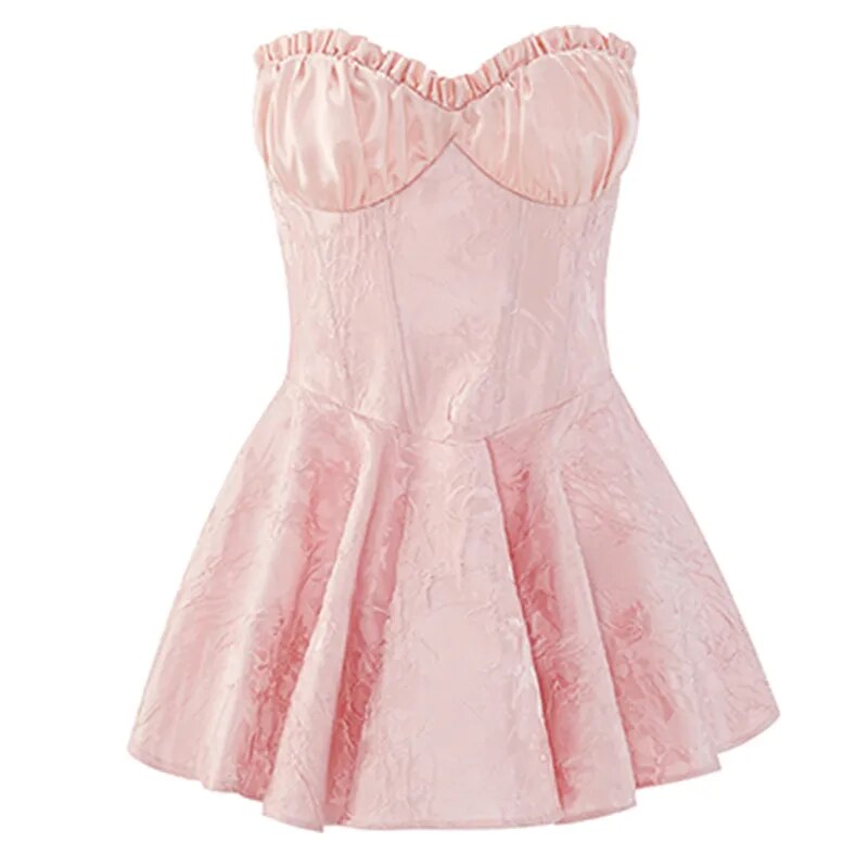 Women Sleeveless Off Shoulder Sweet Mini Dress Corset Boning Lace Jacquard Slim Fit Pink Sexy Strapless Summer Dress