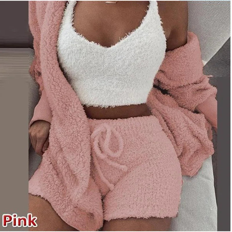 Women's Comfortable Knit Pajama Set Crop-top with V-neck Winter Plush Loungewear Casual 3-Piece Set Long Sleeve Shorts Sports