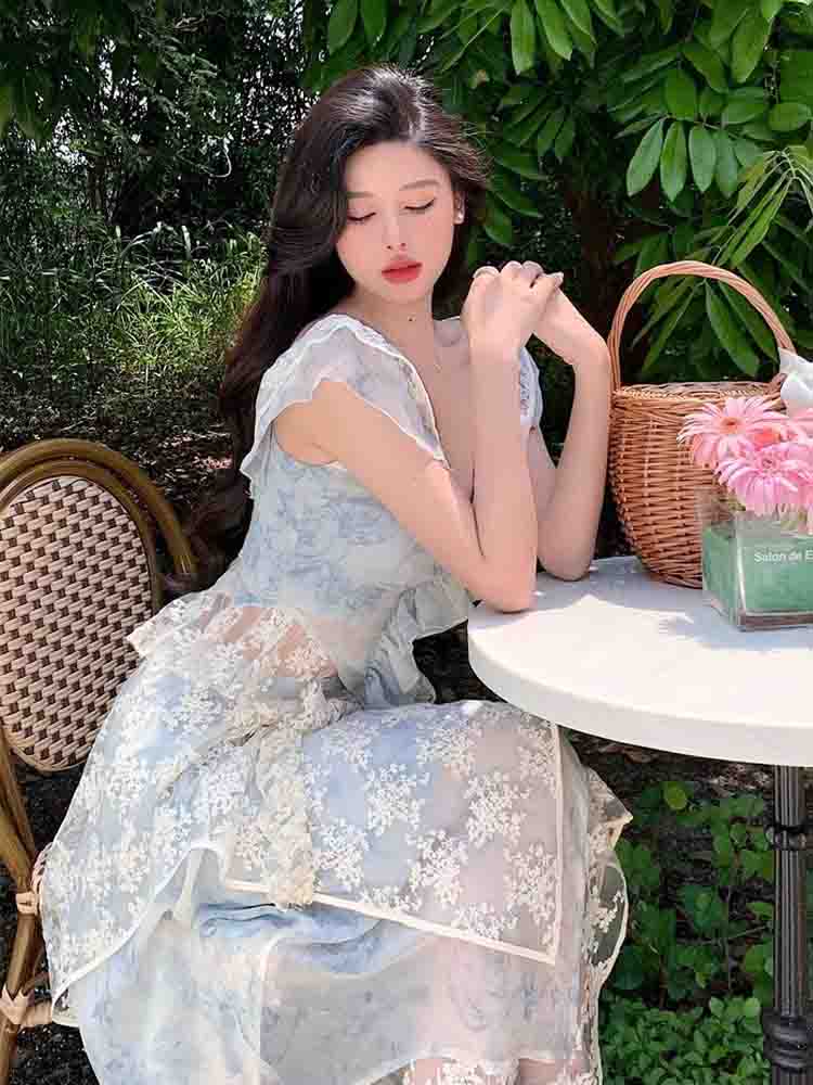 Spring Vintage Fairy Two Piece Set Women Elegant Lace Irregular Designer Skirt Suit Female Casual Chic Party Midi Skirt Set