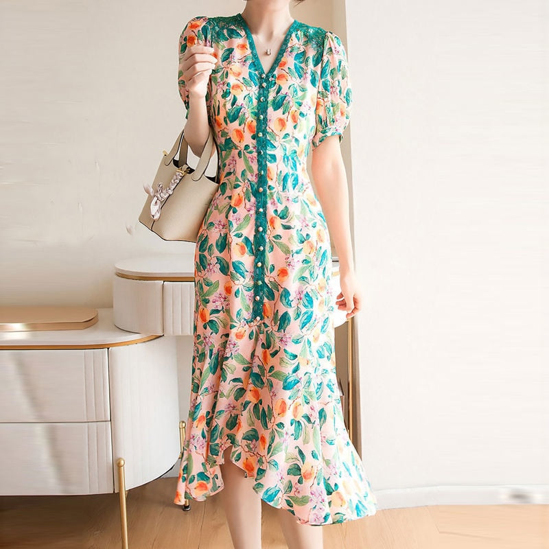 French slim chiffon floral Dress Spring Summer mid-length V neck short-sleeved irregular fishtail Dress Women