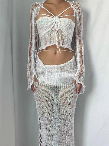 Sexy Hollow Out Sequin Bra Gradient Yarn Skirt 4 Pieces Set Woman Knitted Lace Up Tube Top Outfits Y2k Holiday Beach Suits