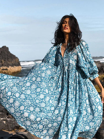 Oversized Casual Loose Dresses Women Summer Elegant Floral Printed Long Dresses Fashion Lantern Sleeve Boho Beach Holiday Dress