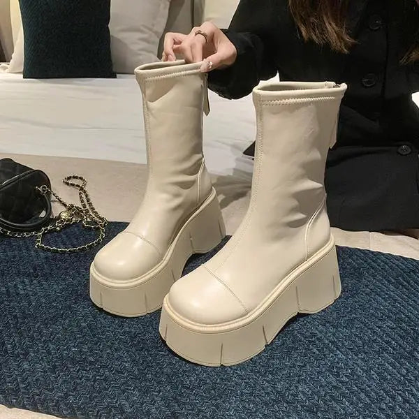 Women Boots High Heels Winter Footwear Shoes Round Toe Boots-Women Clogs Platform Zipper Stiletto Mid-Calf Mid Calf Autumn