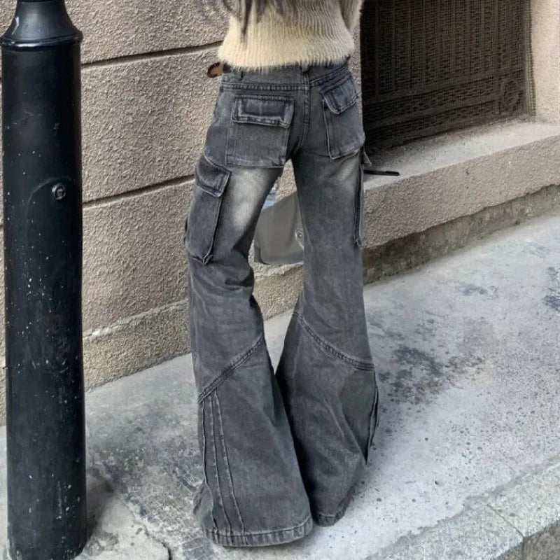 Grey Pocket Design American Low Waist Workwear Jeans for Women Vintage Clothes Loose Spicy Girl Straight Leg Flared Cargo Pants