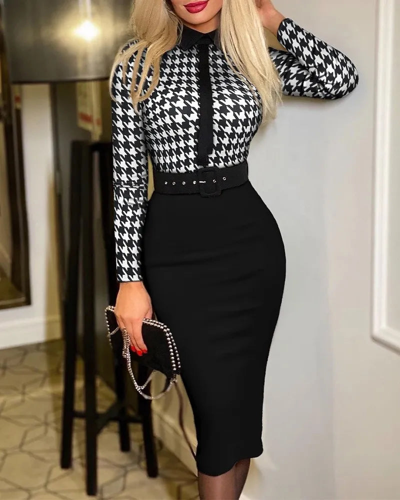 Office Lady Vintage Print Long Sleeve Belt Slim Bodycon Dress Women Summer New Elegant Fashion Commute Dresses Vestidos Feminino