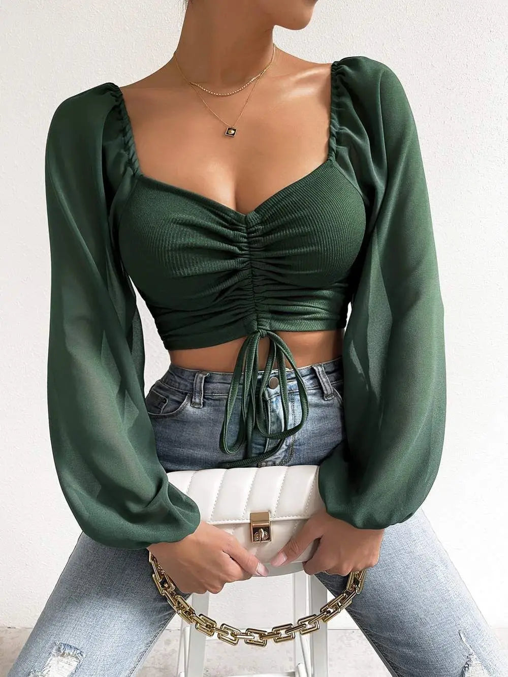 Woman's Tops Puff Sleeve Sexy Close-Fitting Summer and Spring Lace up V-neck Fashion Solid Color Simple Long Sleeve Hot