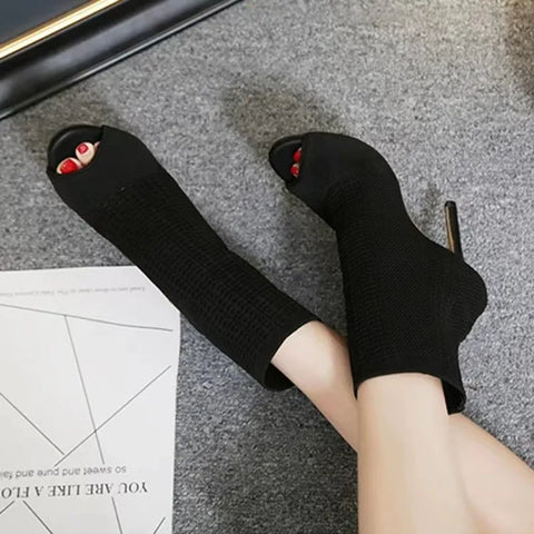 Green Knitting Elastic Womens Sock Ankle Boots Open Toe High Heels Fashion Ladies Pumps Pole Dancing Shoes