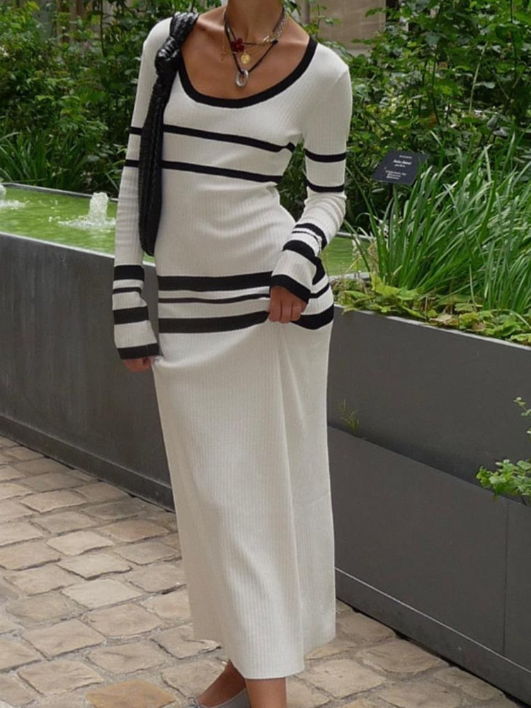 Pbong - Striped Long Dresses Women Elegant Chic Bodycon White Knitted Dress Female Autumn Winter Causal Long Sleeve Warm Sweater Dress