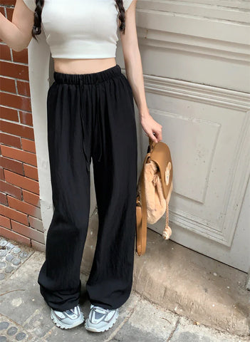 Summer New Vertical Loose Casual Wide Leg Pants High Waist Draw Rope Straight Pants Women