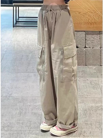 Harajuku Style Khaki Cargo Pants Women Hip Hop Streetwear Pockets Solid Basic Baggy Wide Leg Trousers Oversize Kpop Bottom